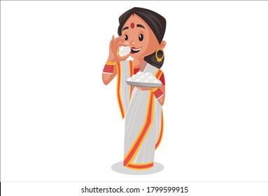 Vector graphic illustration. Indian Bengali woman holding rasgulla plate in hand and eating rasgulla. Individually on a white background.	