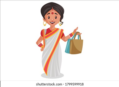 Vector graphic illustration. Indian Bengali woman is holding shopping bags in hand. Individually on a white background.