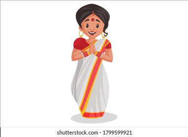 Vector graphic illustration. Indian Bengali woman is with greet. Individually on a white background.	