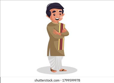 Vector graphic illustration. Indian Bengali man is standing. Individually on a white background.	