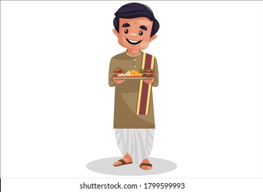 Vector graphic illustration. Indian Bengali man is holding a worship plate in his hands. Individually on a white background.	