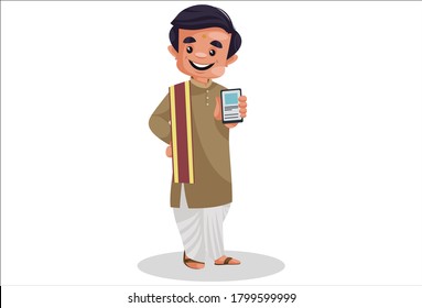 Vector graphic illustration. Indian Bengali man is showing a mobile phone. Individually on a white background.	