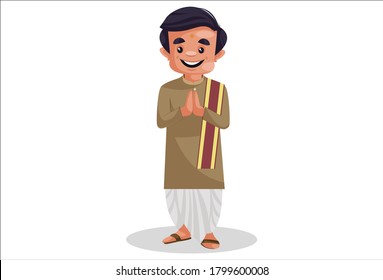 Vector graphic illustration. Indian Bengali man is with greet. Individually on a white background.	