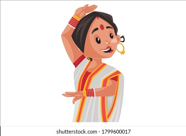 Ilustración gráfica vectorial. La mujer india bengalí está bailando. Individualmente sobre un fondo blanco.	