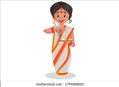 Vector graphic illustration. Indian Bengali woman is holding a worship plate in hand. Individually on a white background.	