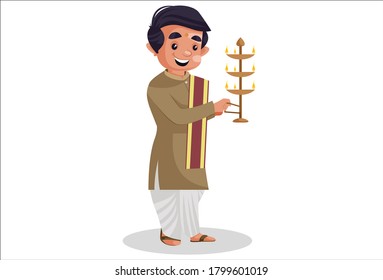 Vector graphic illustration. Indian Bengali man is holding a brass aarti lamp in hand. Individually on a white background.	