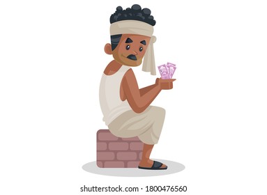 Vector graphic illustration. Indian bihari man is counting money. Individually on a white background.
