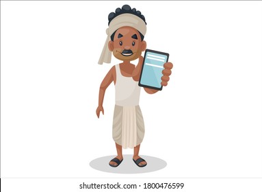 Vector graphic illustration. Indian bihari man is showing mobile phone. Individually on a white background.