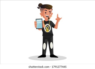 Vector graphic illustration. Indian boy is showing mobile phone. Individually on a white background.