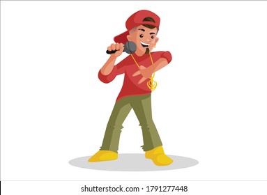 Vector graphic illustration. Indian boy is wearing a cap and holding the mike and singing song. Individually on a white background.