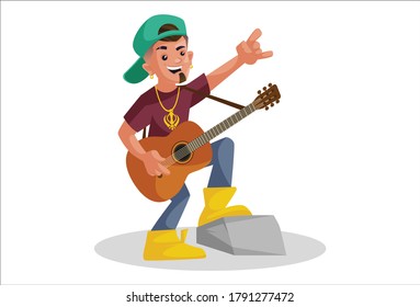 Vector graphic illustration. Indian boy is playing the guitar and singing. Individually on a white background.