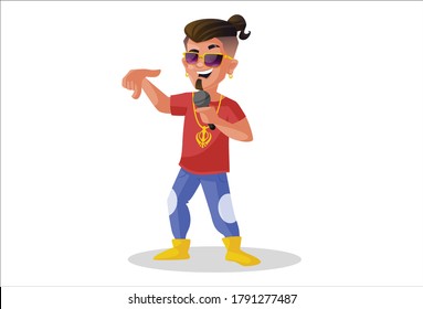 Vector graphic illustration. Indian boy is wearing sunglasses and singing song in a mike. Individually on a white background.
