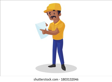 Ilustración gráfica vectorial. Constructor indio muestra un papel. Individualmente sobre un fondo blanco.	