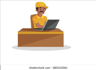 Vector graphic illustration. Indian builder is working on a laptop. Individually on a white background.	