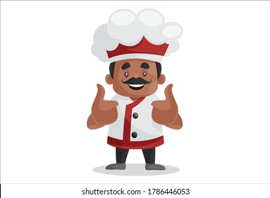 Vector graphic illustration. Indian chef is showing thumbs up sign with both hands. Individually on white background.	