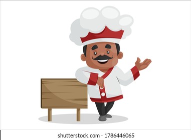 Vector graphic illustration. Indian chef is standing with wooden sign board. Individually on white background.	