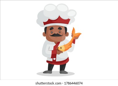 Vector graphic illustration. Indian chef is holding fish in hand. Individually on white background.	