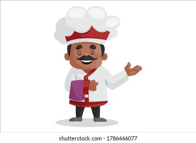 Ilustración gráfica vectorial. El chef indio sostiene tela en mano lista para el servicio. Individualmente sobre fondo blanco.	