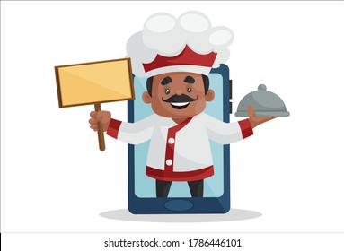 Ilustración gráfica vectorial. El chef indio está en el móvil y sostiene un plato de cloche para ofrecer comida. Individualmente sobre fondo blanco.	