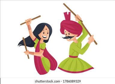 Ilustración gráfica vectorial. La pareja india está bailando con palos de dandiya. Individualmente sobre fondo blanco.	