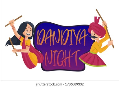 Vector graphic illustration. An Indian couple is dancing with dandiya sticks. Dandiya night text sticker. Individually on white background.	