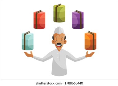 Vector graphic illustration. Indian Dabbawala with many tiffins as a tiffin service. Individually on a white background.