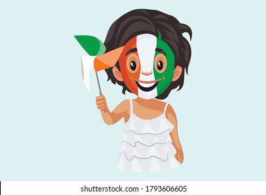 Vector graphic illustration. Indian girl is happy and holding a paper fan in hand. Individually on a colored background.