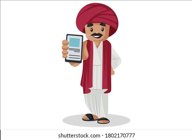 Vector graphic illustration. Indian Gujarati man is showing a mobile phone. Individually on white background.	