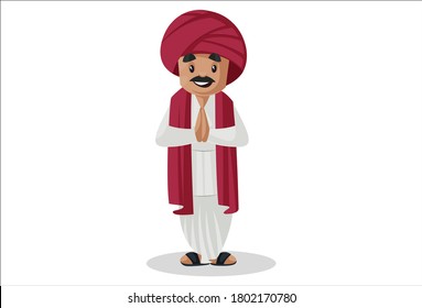 Vector graphic illustration. Indian Gujarati man is with greet. Individually on a white background.	