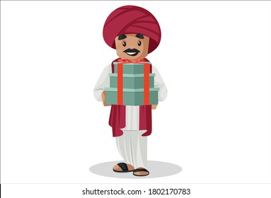 Vector graphic illustration. Indian Gujarati man is holding gift boxes in hand. Individually on a white background.	