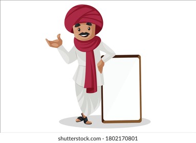 Vector graphic illustration. Indian Gujarati man is standing with an empty board. Individually on a white background.	