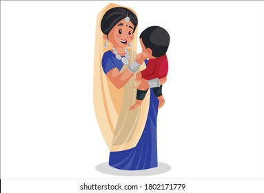 Vector graphic illustration. Indian Gujarati woman is holding a baby in arms. Individually on white background.	