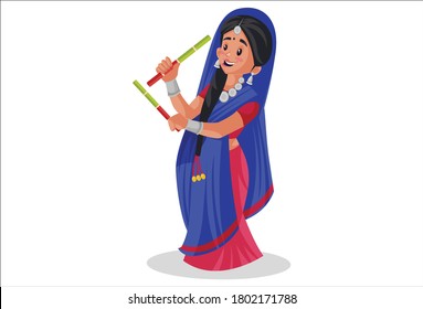 Vector graphic illustration. Indian Gujarati woman is holding dandiya sticks and dancing. Individually on a white background.	