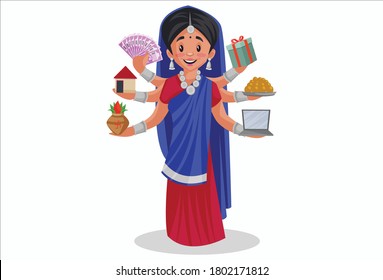 Vector graphic illustration. Indian Gujarati woman is doing multitasking. Individually on a white background.	