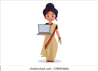 Vector graphic illustration. Indian lady teacher is holding laptop in hand. Individually on a white background.	