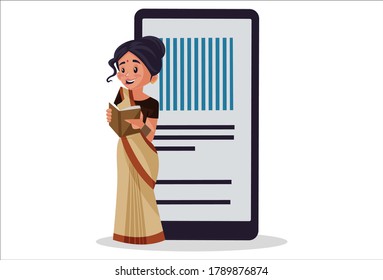 Vector graphic illustration. Indian lady teacher is teaching online from book. Individually on a white background.	