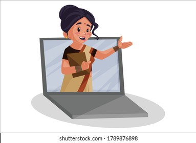 Vector Graphic Illustration. Indian Lady Teacher Is Giving Online Classes On Laptop. Individually On A White Background.	