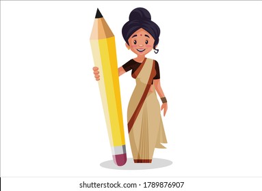 Vector graphic illustration. Indian lady teacher is holding a big pencil in hand. Individually on a white background.	