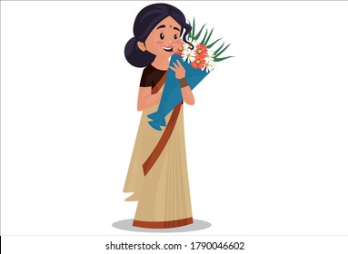 Vector graphic illustration. Indian lady teacher is holding flower bouquet. Individually on a white background.	