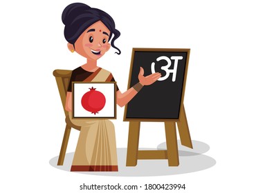 Vector graphic illustration. Indian lady teacher is holding fruit picture in hand and teaching Hindi alphabet on blackboard. Individually on a white background.