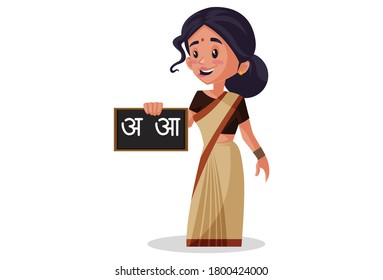 Vector graphic illustration. Indian lady teacher is holding Hindi alphabet board in hand. Individually on a white background.