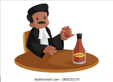 Vector graphic illustration. Indian lawyer is holding a glass in hand and drinking whiskey. Individually on white background.	