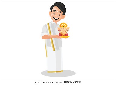 Vector graphic illustration. Indian Malayali man is holding Lord Ganesh in hands. Individually on white background.	