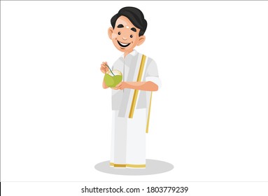 Vector graphic illustration. Indian Malayali man is drinking coconut water. Individually on a white background.	