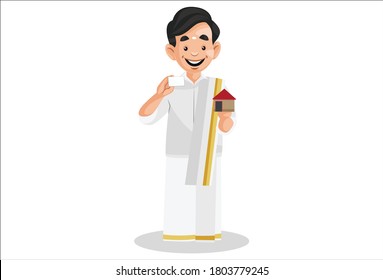 Vector graphic illustration. Indian Malayali man is holding card and a small home in his hands. Individually on white background.	