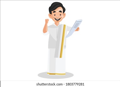 Vector graphic illustration. Indian Malayali man is holding the paper in hand. Individually on a white background.	