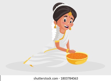 Vector graphic illustration. Indian Malayali woman is sitting with a flower basket. Individually on a grey background.	