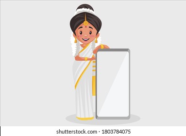 Vector graphic illustration. Indian Malayali woman is holding a blank board. Individually on a grey background.	