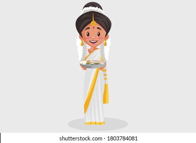 Ilustración gráfica vectorial. Una mujer malaya india está sosteniendo un plato de comida en sus manos. Individualmente en un fondo gris.	

