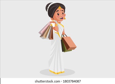 Vector graphic illustration. Indian Malayali woman is holding shopping bags in her hands. Individually on a grey background.	